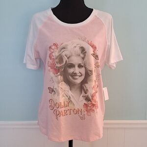 DOLLY PARTON T-Shirt, Pink/White Short Sleeve Shirt w/Sparkles, Size M